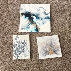 3-Piece Blue Abstract Art Paintings 