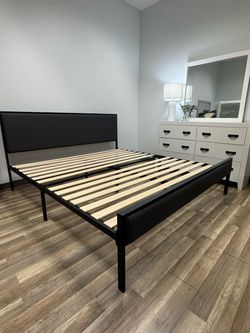 King Charcoal Metal Platform Bed Frame with Upholstered Headboard -  Brand New