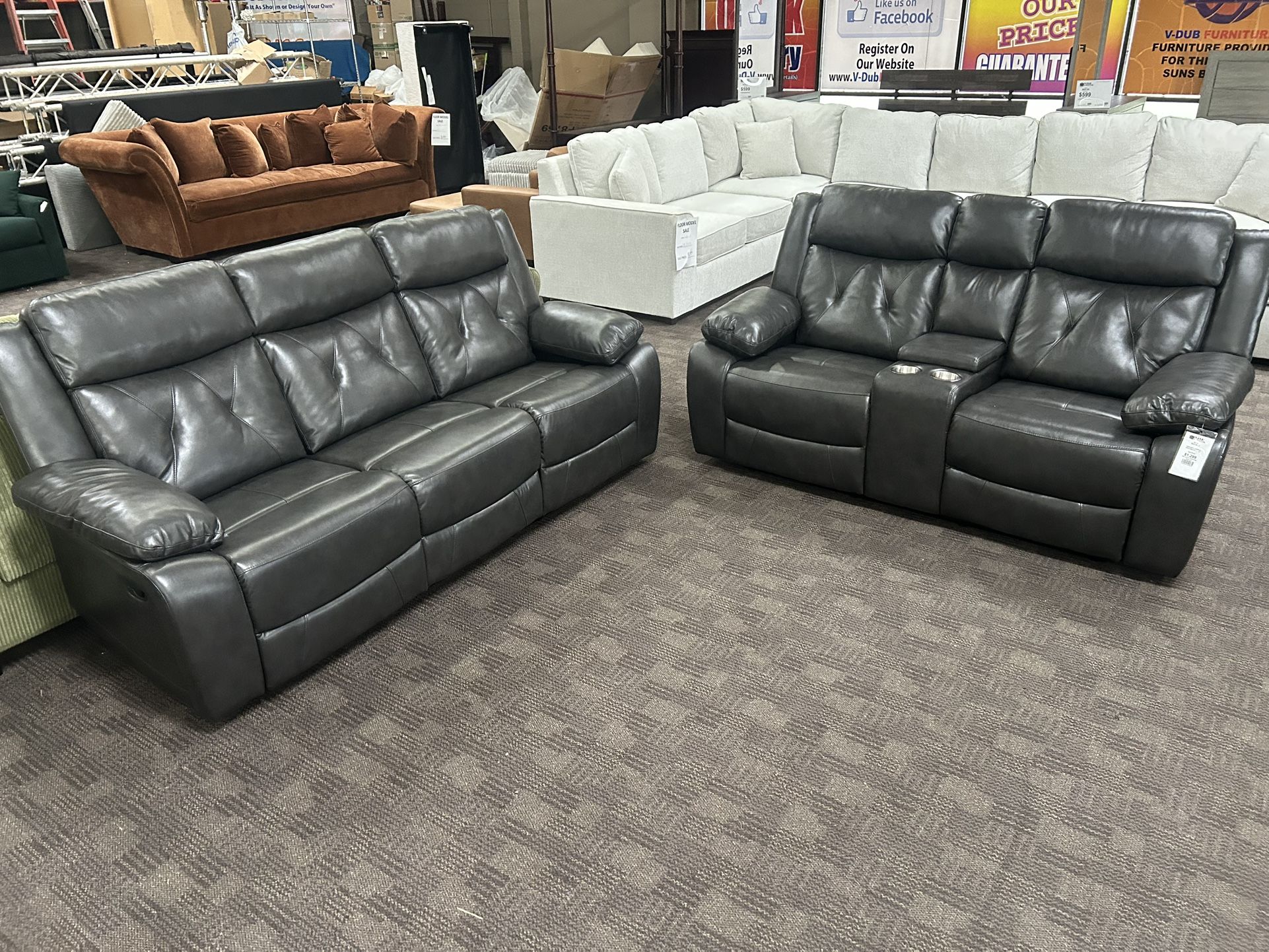 Soft Charcoal Gray Leather Reclining Sofa Set