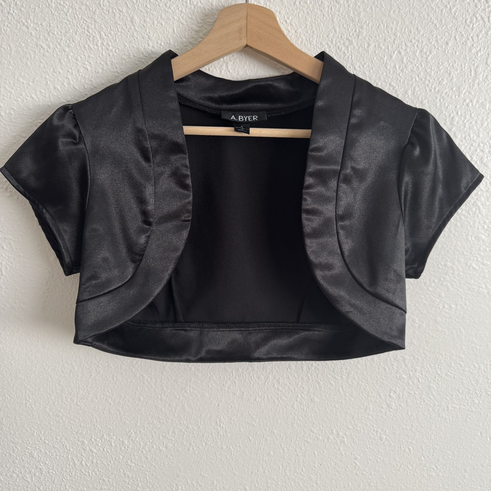 A. BYER Vintage Y2K Black Satin Short Sleeve Cropped Open Bolero Shrug Jacket