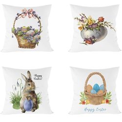 Brandnew Eseres Happy Easter Pillow Covers Polyester Pillowcase Bunnies with Easter Eggs Spring Season's Decoration Couch Covers Pack of 4(18inchX18in
