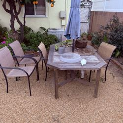 Outdoor Wood Patio Table w/ Umbrella & 4 Chairs