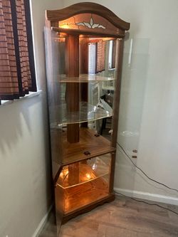 Vintage Tall Corner Curio Display Cabinet w/ Working Light