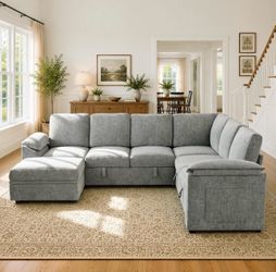 Modern U-Shaped Sectional Sleeper Sofa – Light Grey | 7-Seater