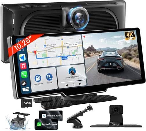 new 10.26'' Wireless Carplay Screen for Car with 4K Dash Cam & 1080P Backup Camera, Portable Car Audio Receivers with Carplay & Android Auto, GPS Navi