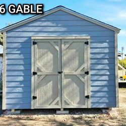 12x16 Gable storage shed includes: 1 window ,1 double shed door, 4 shelves ,5-year warranty!