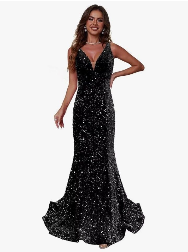 Sparkly Sequin Prom Dresses Long Deep V-Neck Sexy Mermaid Formal Cocktail Dresses for Women Backless
