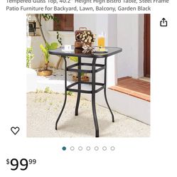 Vongrasig Outdoor Patio Bar Height Table, 31.5" Square Black Tempered Glass Top, 40.2’’ Height High Bistro Table, Steel Frame Patio Furniture for Back