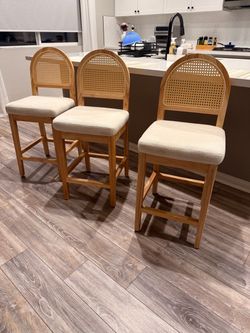 Wood Rattan Counter Barstool Warm Pine/ Cream Linen - Nathan James: Bohemian Style, Cushioned Seat