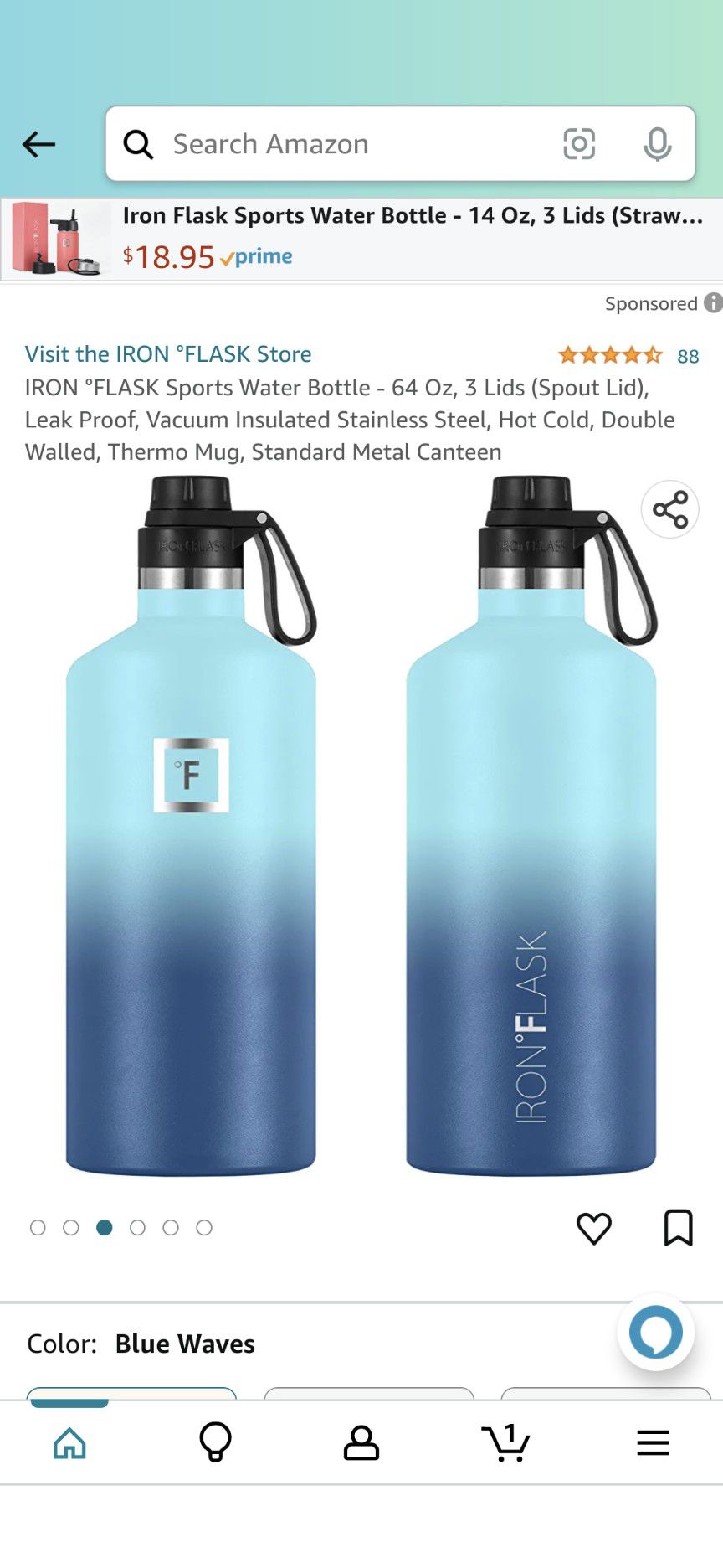 Iron Flask Sports Water Bottle - 3 Lids - 32 oz - Blue Waves 