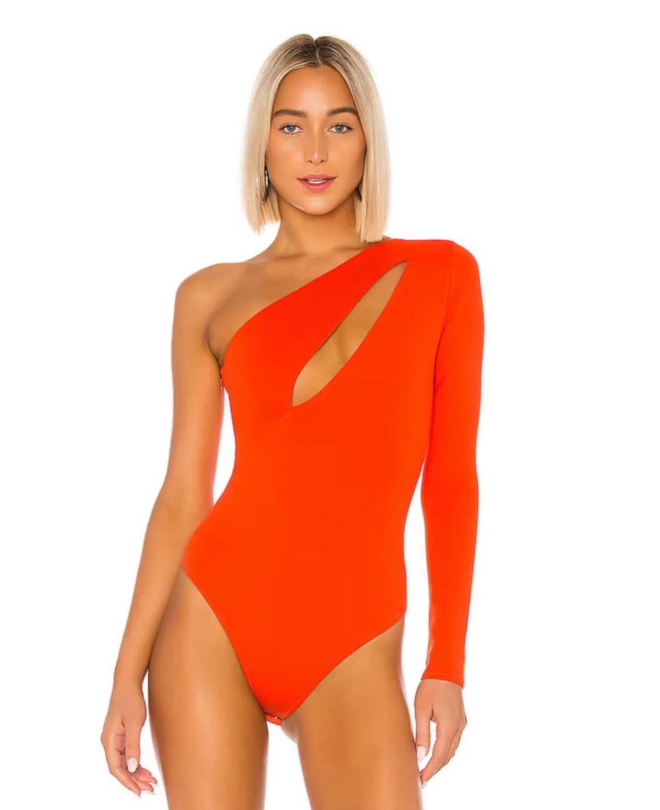 NBD Aaliyah Bodysuit  Red Orange Revolve One Shoulder Long Sleeve Cut Out size Large