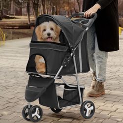 Foldable 3 Wheel Dog Cage Cat Joggor Stroller Cart with Weather Cover, Storage Basket 