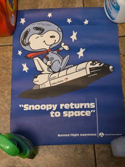 Vintage 1980s NASA Manned Flight Awareness Snoopy Space Poster - Rockwell