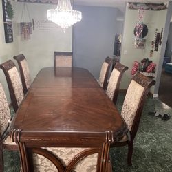 Solid Wood Dining Table w/ 8 Chairs + Cushions (Extendable)