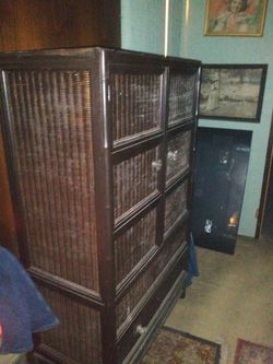 Brown Wicker Wooden Dresser Wardrobe Armoire