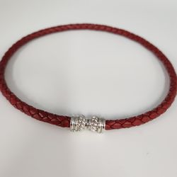 Judith Ripka Braided Red Leather Choker With Sterling Magnet Clasp 15.5"