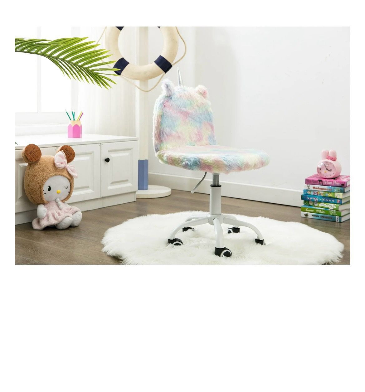 Selected Cute Fuzzy Kids Chair, Faux Fur Rolling Swivel Children Desk Chair, Adjustable Student Task Chair Vanity Chair with Unicorn Shaped Back for B