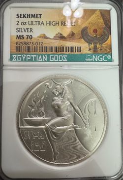 2 oz Antique Sekhmet Silver Round Ultra High Relief Egyptian Gods NGC MS 70