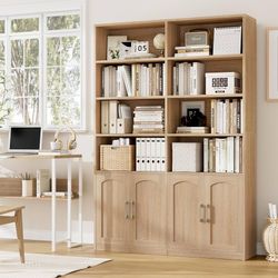 Bookshelf and Bookcase with Doors, Double Wide Large Bookshelves Industrial Open Display Shelves 6 Tier, 73'' Tall Bookshelf with Storage Cabinets for