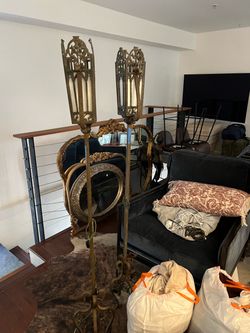Pair of Tall Gothic Revival Floor Lantern Lamps – Ornate Metal