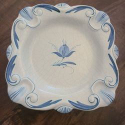 Vintage Bo Fajans Handpainted Faience Blue Scalloped Square Plate
