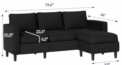 -Shaped Sectional Sofa, Sectional Couches with Reversible Ottoma, 3-Seat Small Couch