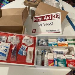 ** NEW ** Fully Stocked Metal First Aid Kit; Wall Mountable,  2 Shelves Fully Stocked First Aid Kit 12" X 18" X 5-1/2"  Price Is Firm (Sells For $120)