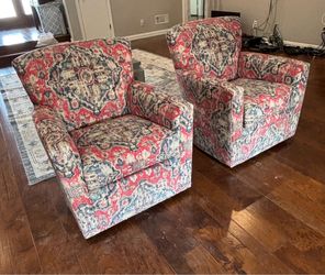 Pair of Ethan Allen Swivel Upholstered Club Chairs