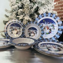 🎄❄️ Vintage Holiday Snowman Melamine Dinnerware Set — 11 pcs ❄️🎄