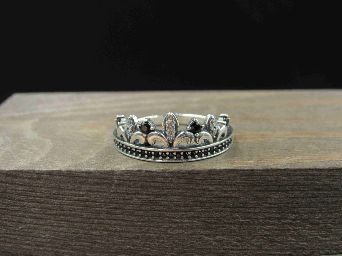 Size 8 Sterling Silver Dark & Light Cubic Zirconia Crown Band Ring Vintage Statement Engagement Wedding Promise Anniversary Cocktail