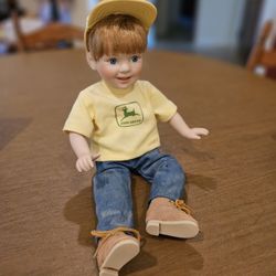 John Deere Porcelain Doll Collection Bobby Yellow T-shirt hat and blue jeans 18"