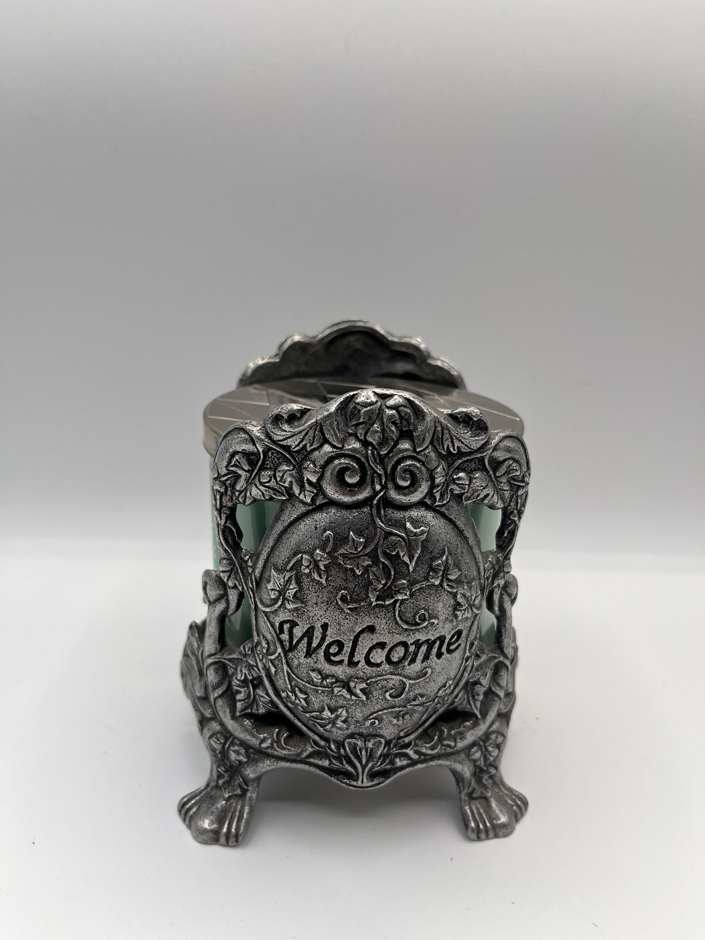 Metal Large Round Jar Pillar Candle Holder “Welcome”
