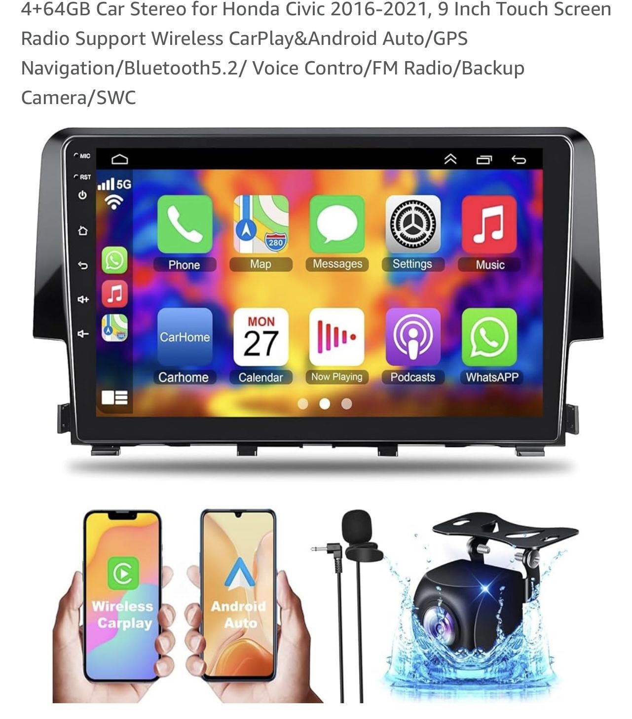 4+64GB Car Stereo for Honda Civic 2016 2021 9 Inch Touch Screen Radio Support Wireless CarPlay&Android Auto/GPS Navigation/Bluetooth5.2/ Voice Contro