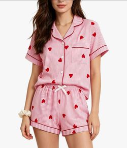 Size L Pajamas For Women Set 2 Piece Summer Pajama Sets Cute Pjs Lounge Matching Button Shirt with Shorts.  95% Polyester, 5% Elastane
Size L