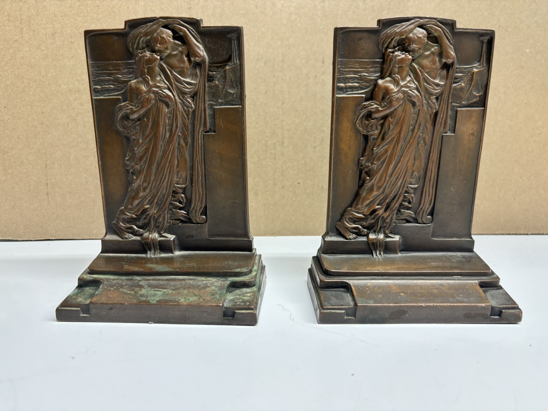 Antique 1925 "Adoration " Bronze Bookends By Pompey's Bronze Company
