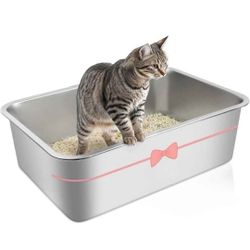 Stainless Steel Cat Litter Box, High Side Cats Toilet Metal Litter Box, Pet Cleaning Tool for Cats, Rabbits, Splash-Proof and Non-Stick Cat Poop Box o