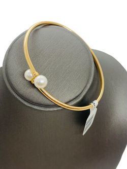 14K Yellow Gold Open Cuff Round Pearl Bangle Bracelet | Size 7 | 3.9g