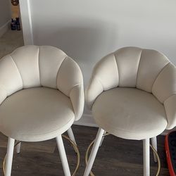Set of 2 Velvet Counter Height Bar Stools - Cream & Gold - Modern