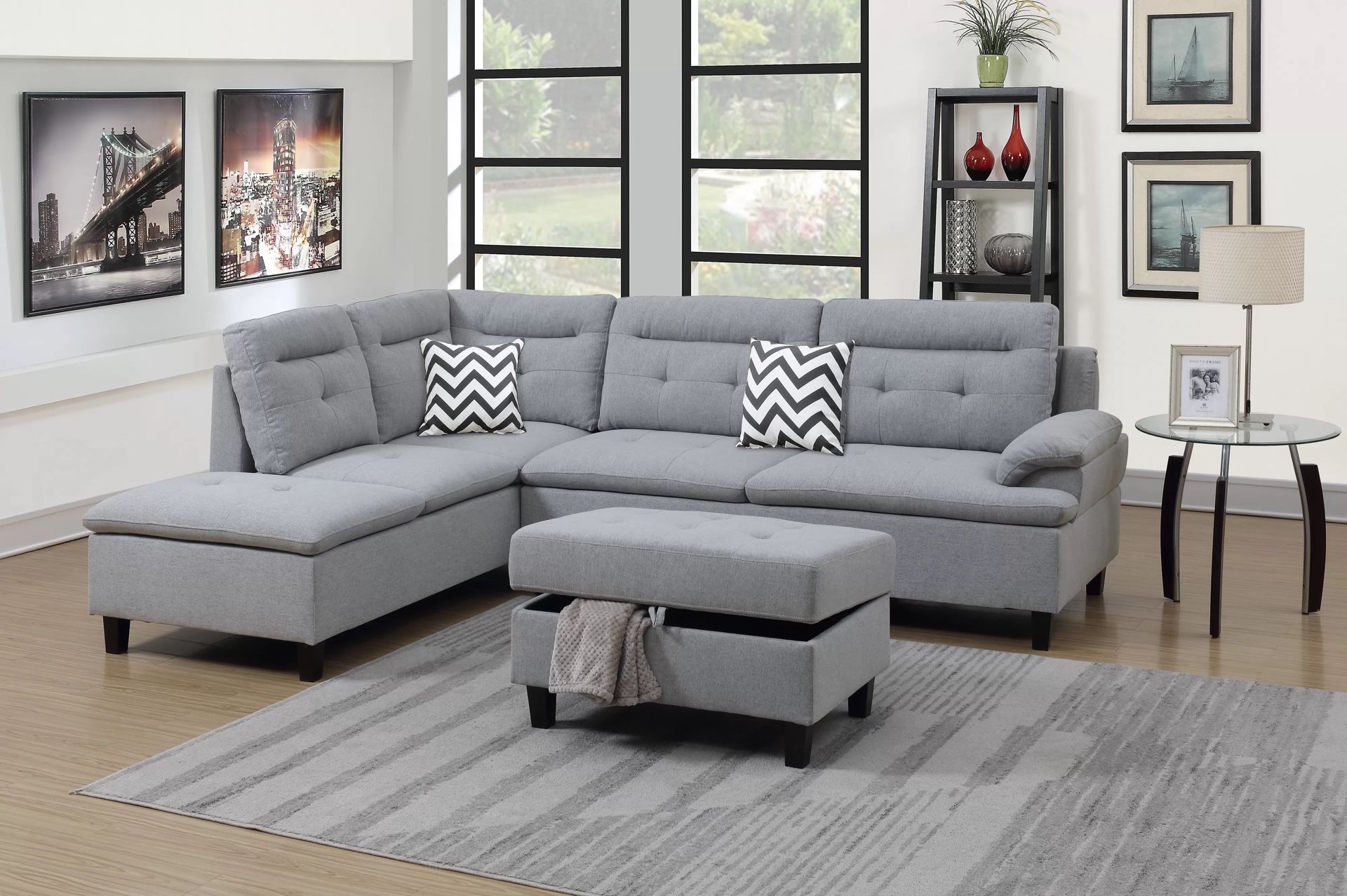 3pc Grey Sectional with Chaise & Ottoman