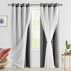 Hiasan Grey Blackout Curtains with Sheer Overlay, Grommet Thermal Insulated Privacy Mix & Match Double Layer Room Darkneing Curtains for Bedroom, Livi