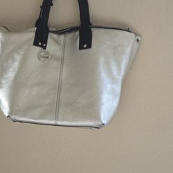 Silver Leather Purse with Black Suede Handle