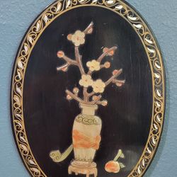 Vtg Asian stone inlay on lacquered Wood oval wall decor size 12.5" X 8.5"