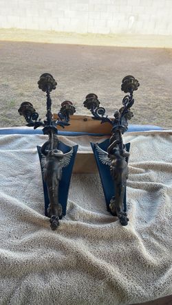 A pair antique- style French bronze/ brass winged mermaid ( siren) 3- light wall candelabra sconces