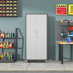 2599a $140 71" Steel Storage Cabinet with Wheels, Black/Gray, Garage Tool Organizer Steel construction, Black and gray finish, 71-inch height, Rollin