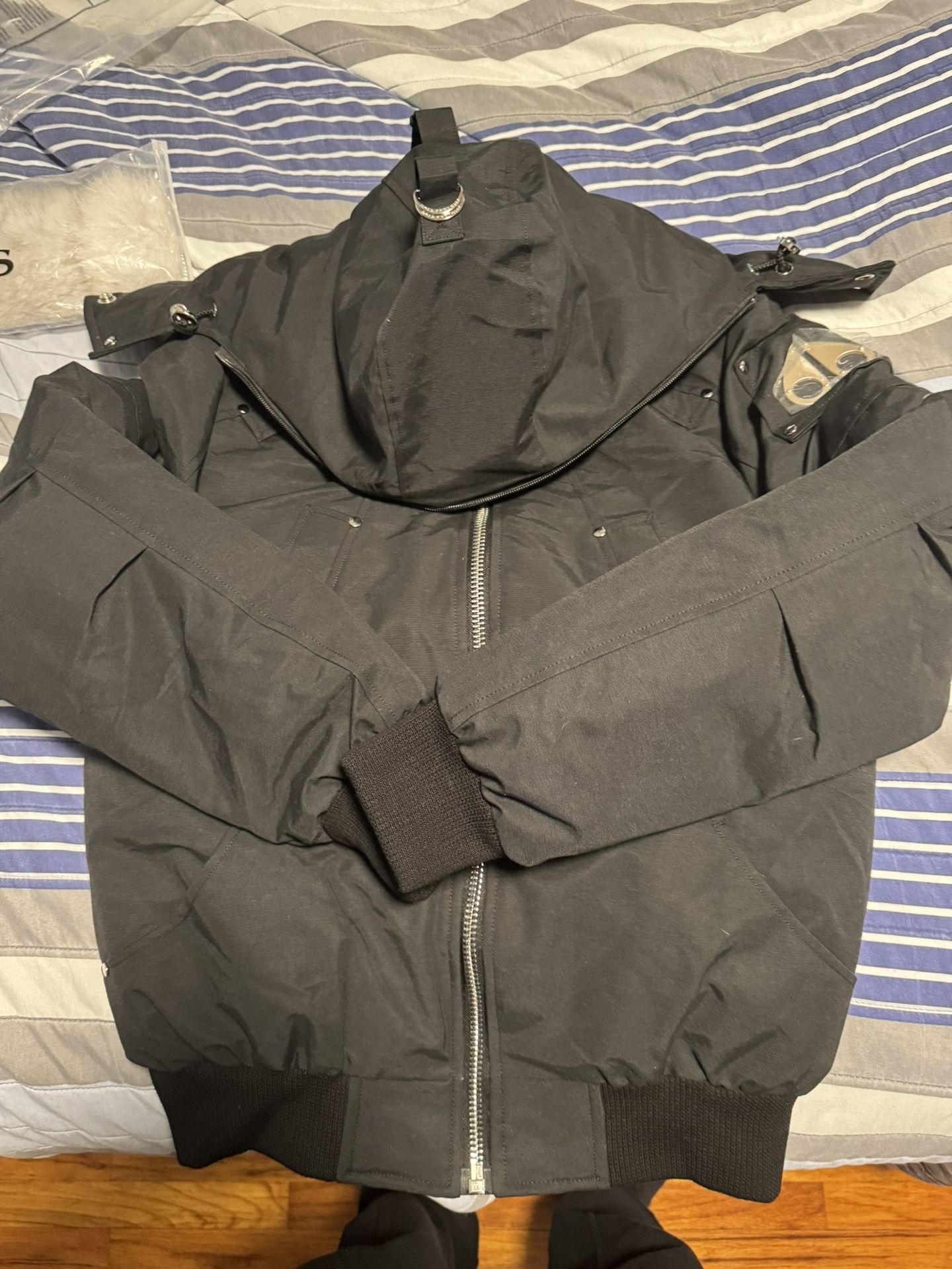 ORIGINAL BALLISTIC SHEARLING TRIM BOMBER JACKET Size LARGE BLACK/NATURAL