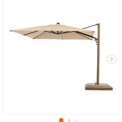 Home Decorators Collection 10 ft. Aluminum and Steel Cantilever LED Outdoor Patio Umbrella in Sunbrella Antique Beige with Metal Covered Base