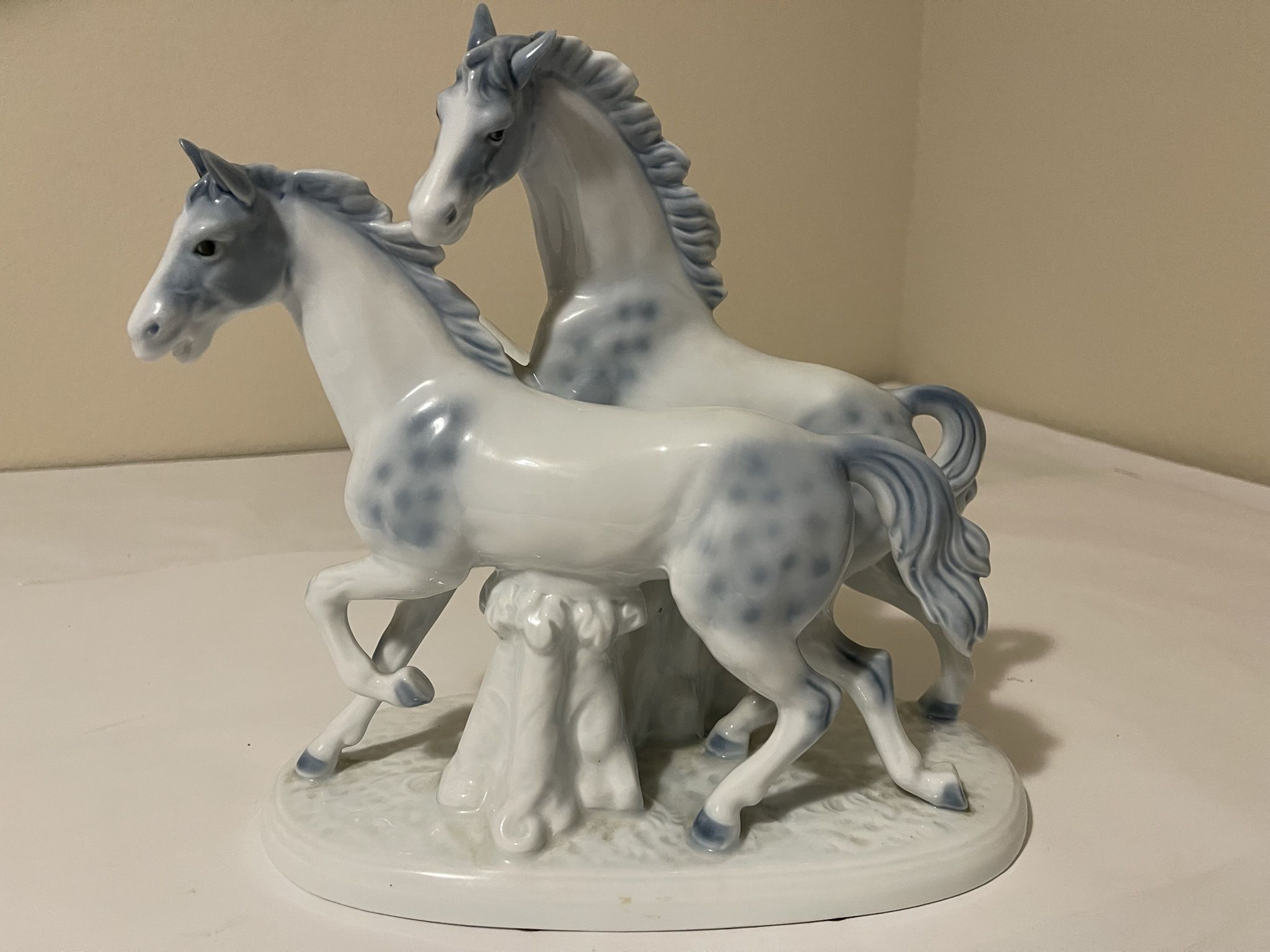 Vintage Gerold Porzellan Bavaria Two Horses White & Blue Porcelain Sculpture