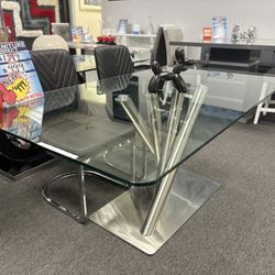 Rectangular Glass Top Dining Table W/ Geometric Stylish Metal Base For Sale ( Furniture Assembly)