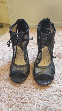 Sam Edelman Pompei black leather mesh peep open toe high heel lace up, Black stilettos, black peep toe high heels