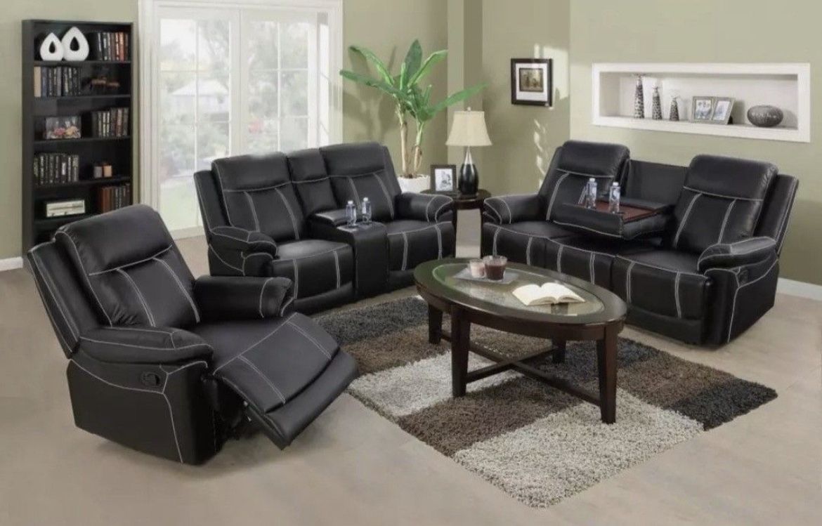 Black Leather Recliner Set Include Sofa, Loveseat And Chair Include Cup Holders 